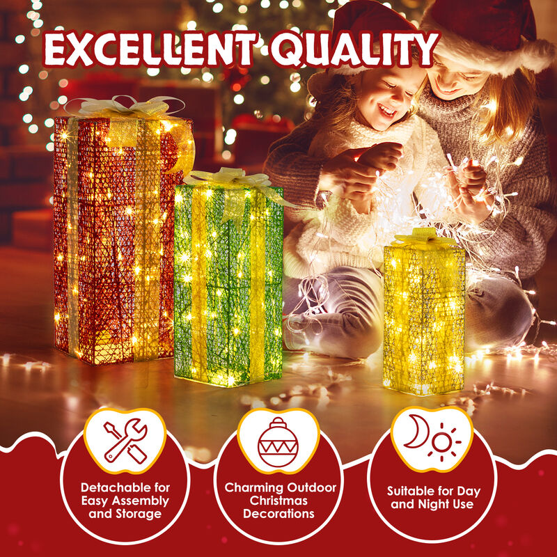 Lighted Gift Boxes Set of 3 &ndash; Pre-Lit Present Decor with 90 Warm White LEDs for Indoor & Outdoor