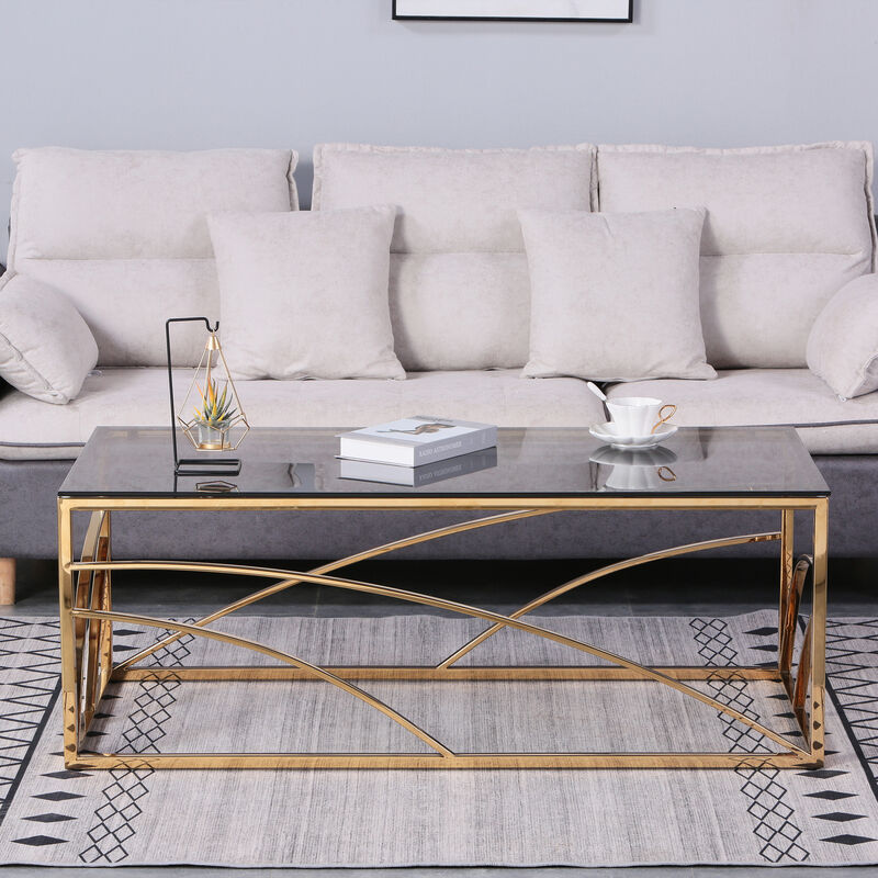 Stainless Steel Rectangular Accent Glass Coffee Table for Living Room- 46.8" Modern Sleek Center Table with Lounge Table with Blue Gray Tempered Glass(Gold) image number 2