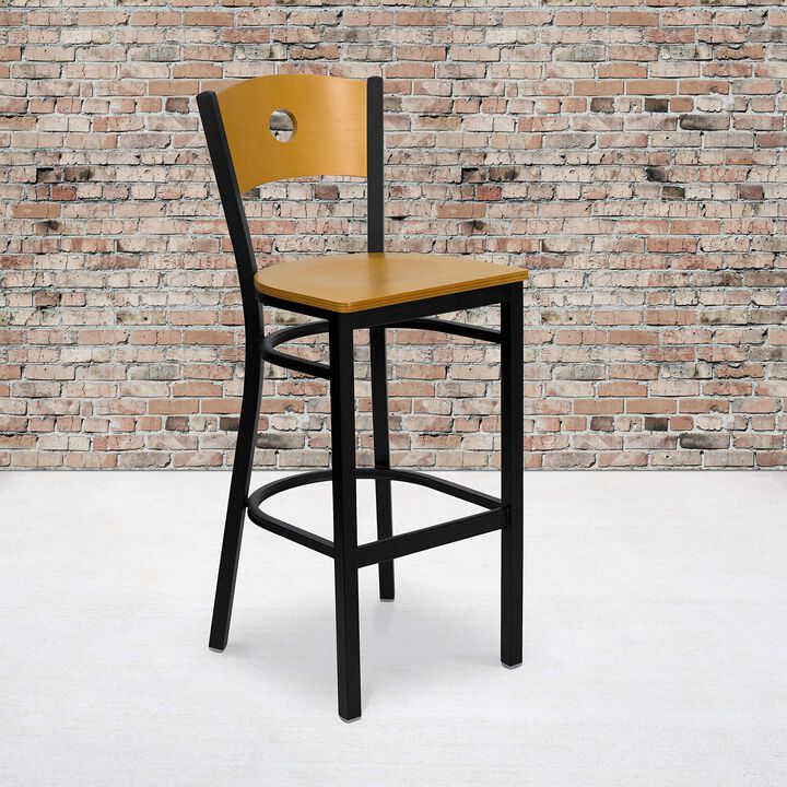 Flash Furniture HERCULES Series Black Circle Back Metal Restaurant Barstool - Natural Wood Back & Seat