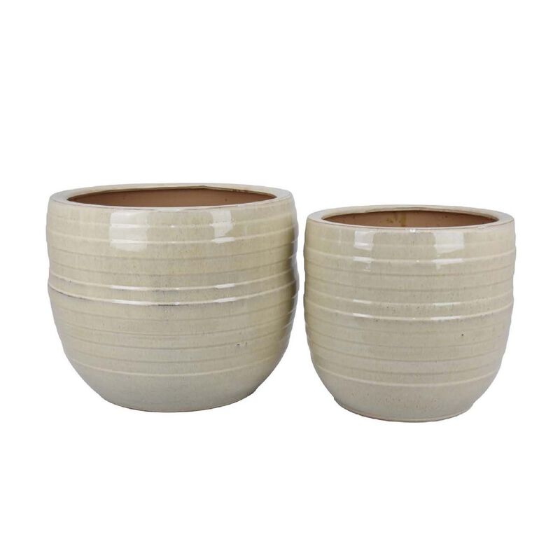 Paulo Barrel Planter Set of 2, Raised Ribbed Beige Ceramic 19, 15 Inch image number 2