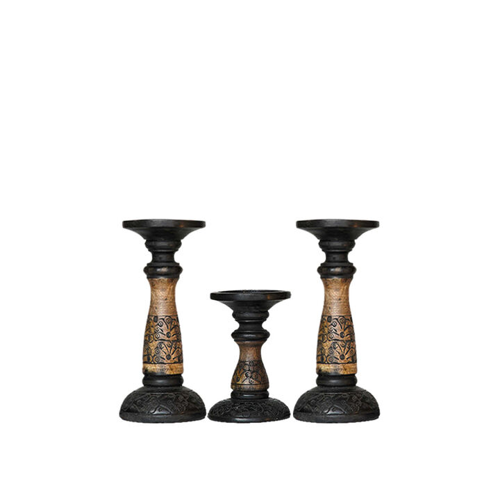 Traditional Black Wash Eco-friendly Handmade Mango Wood Set Of Three 9",6" & 9" Pillar Candle Holder