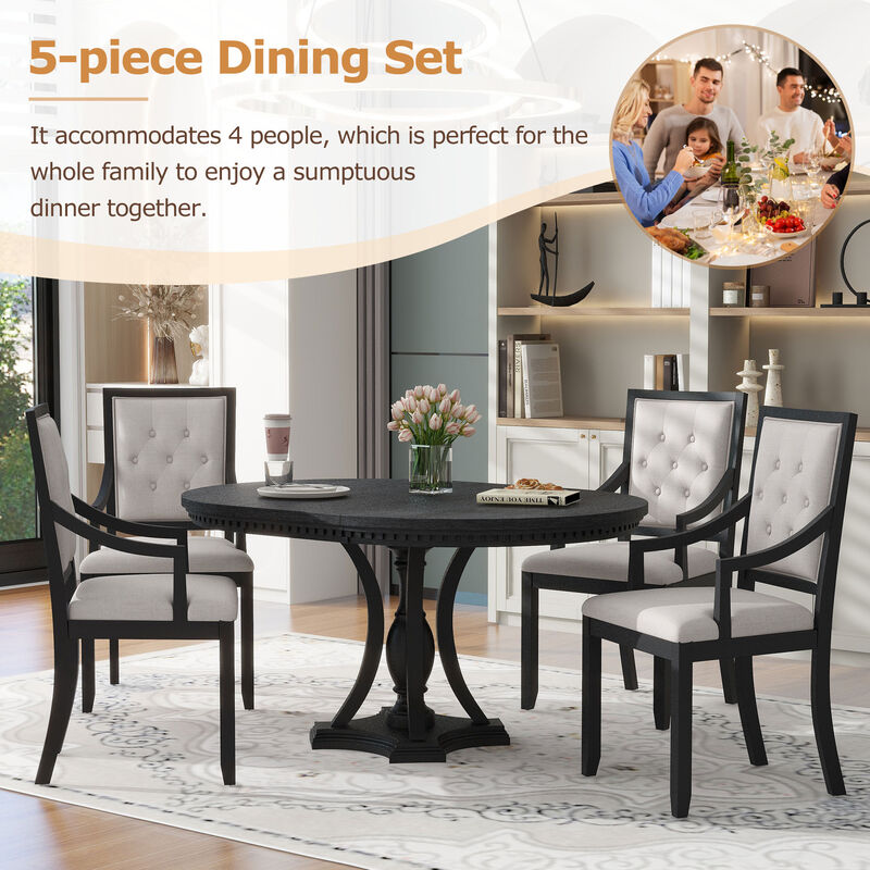 Whisen Retro 5-Piece Dining Table Set with Extendable Round Table and 4 Upholstered Chairs image number 6