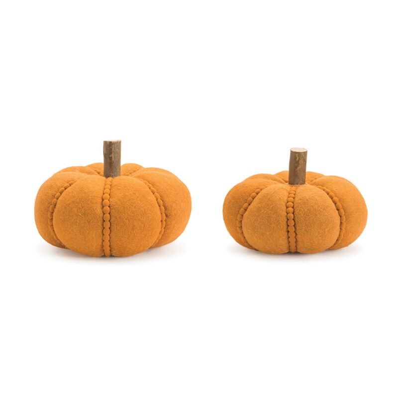 Set of 2 Felt Wool Pumpkins for Fall Tabletop, Shelf, or Mantel Decor