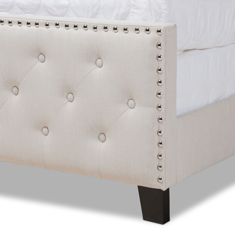 Baxton Studio Marion Transitional Cream Fabric Upholstered Button Tufted Queen Size Panel Bed