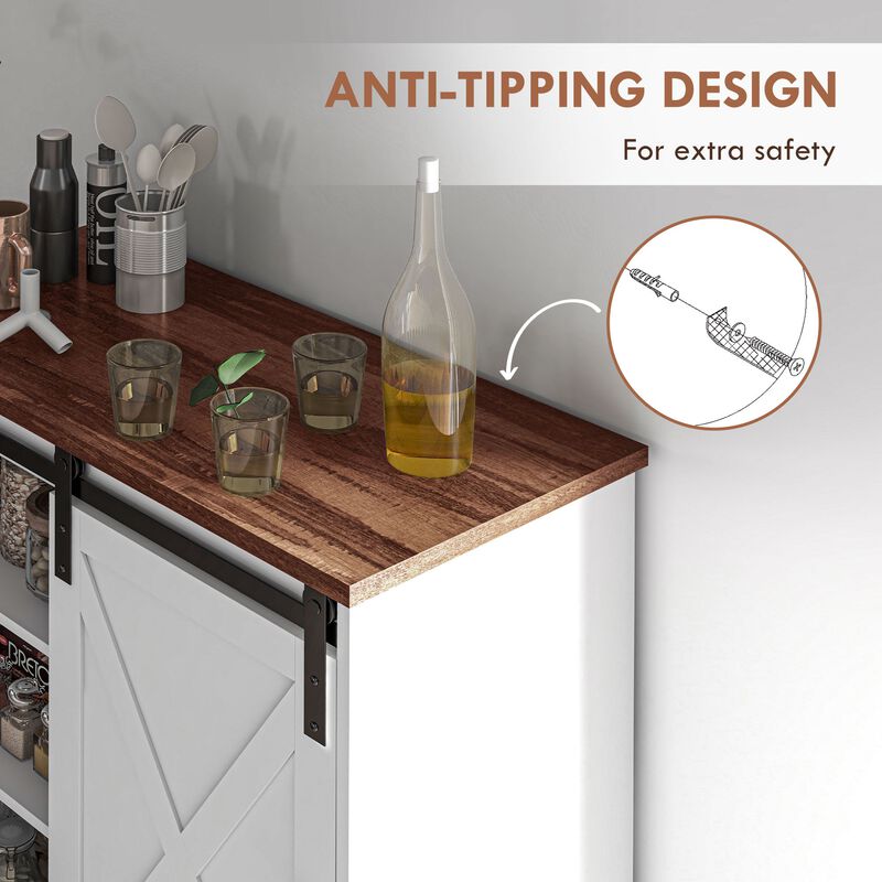 White Coffee Bar Cabinet: Sliding Barn Door, Adjustable Shelf