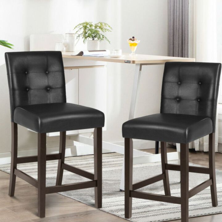 Set of 2 PVC Leather Bar Stools with Solid Wood Legs