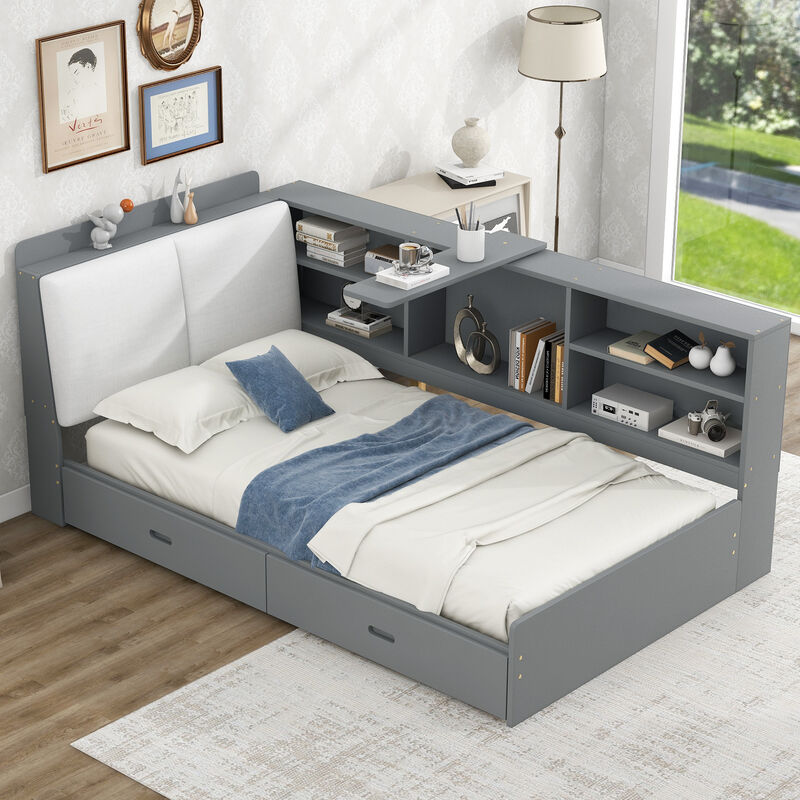 Whisen Wood platform bed with Storage Headboard, Shelves and 2 Drawers