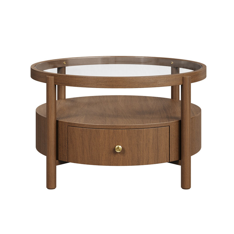 Whisen 29.5" Round Glass Top Coffee Table, Solid Wood 2-Tier Coffee Table with Drawer, Mid-Century Modern Center Table for Living Room image number 0