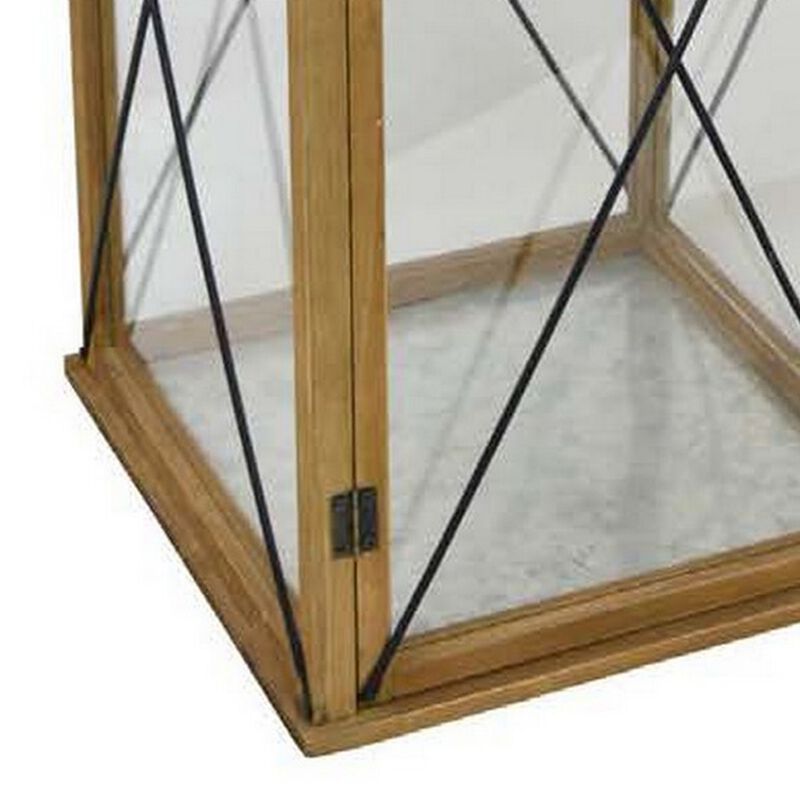 34 Inch Tabletop Decorative Lantern, Wood Frame, Glass Doors, Brown, Black - Benzara