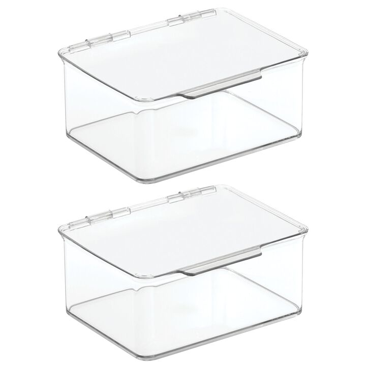 mDesign Plastic Bathroom Storage Organizer Bin Box with Hinge Lid, 2 Pack, Clear