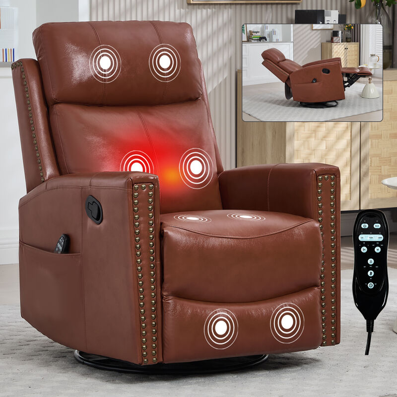 Genuine Leather Heat Massage Manual Recliner Chair with Rocker and Swivel for Living Room image number 1