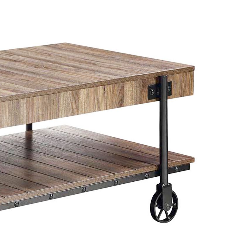 Loak 47 Inch Coffee Table, Brown Plank Top, Bottom Shelf, Wheels, Black