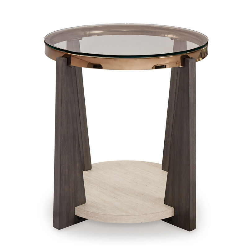 Miu Side End Table, 24 Inch Round Glass Top w Shelf, Brown Angled Base