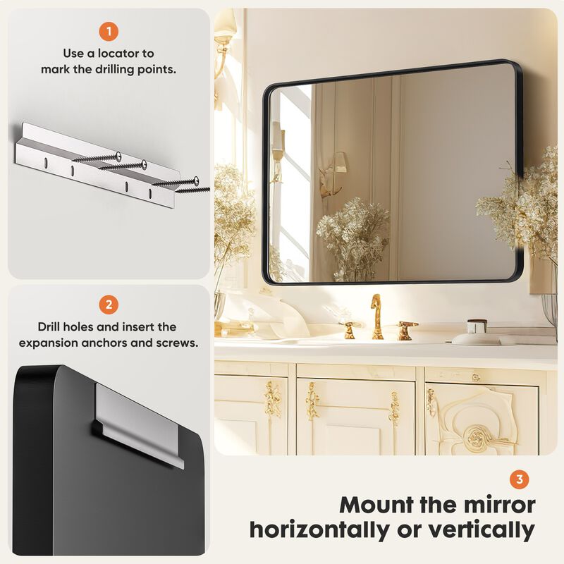 Aluminum Alloy Bathroom Mirror 29"x21", Anti-Rust Tempered Glass Wall Mirror, Black