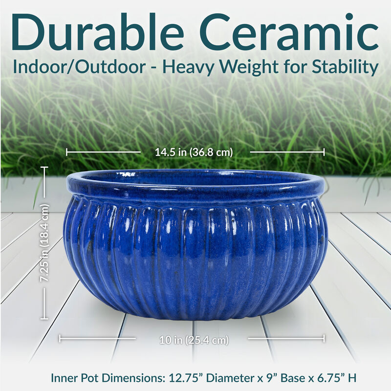 Sunnydaze 14.5&rdquo; Round Ribbed Ceramic Planter Bowl - Imperial Blue image number 2