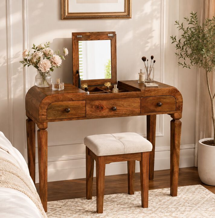 Artisan Furniture Solid Wood Golden Teak Curved Dressing Table, 1 Lift up Mirror, Storage Compartments, Brown