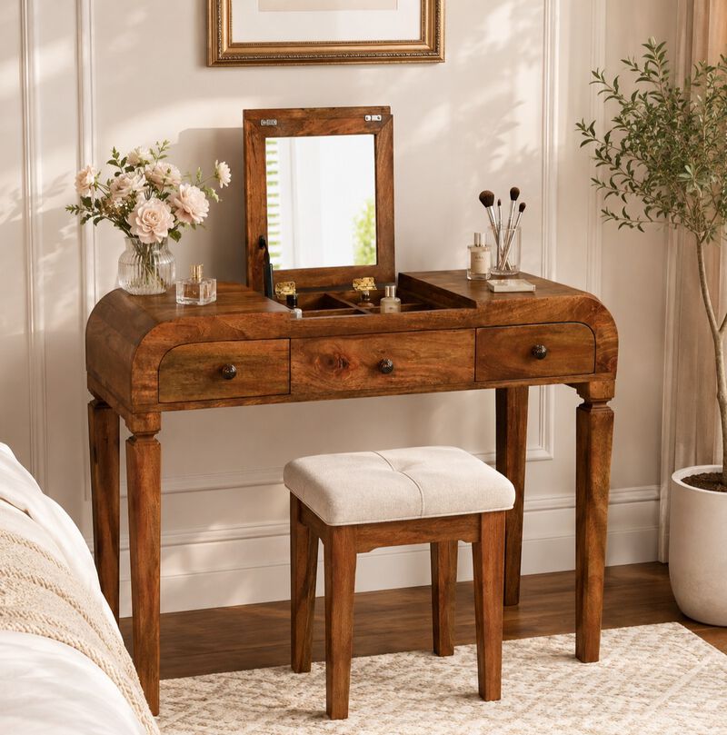 Artisan Furniture Solid Wood Golden Teak Curved Dressing Table, 1 Lift up Mirror, Storage Compartments, Brown image number 1