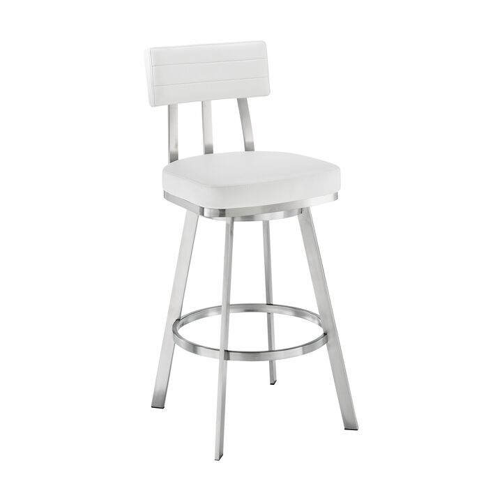 Poni 30 Inch Swivel Barstool Chair, Cushioned Seating, White Faux Leather - Benzara