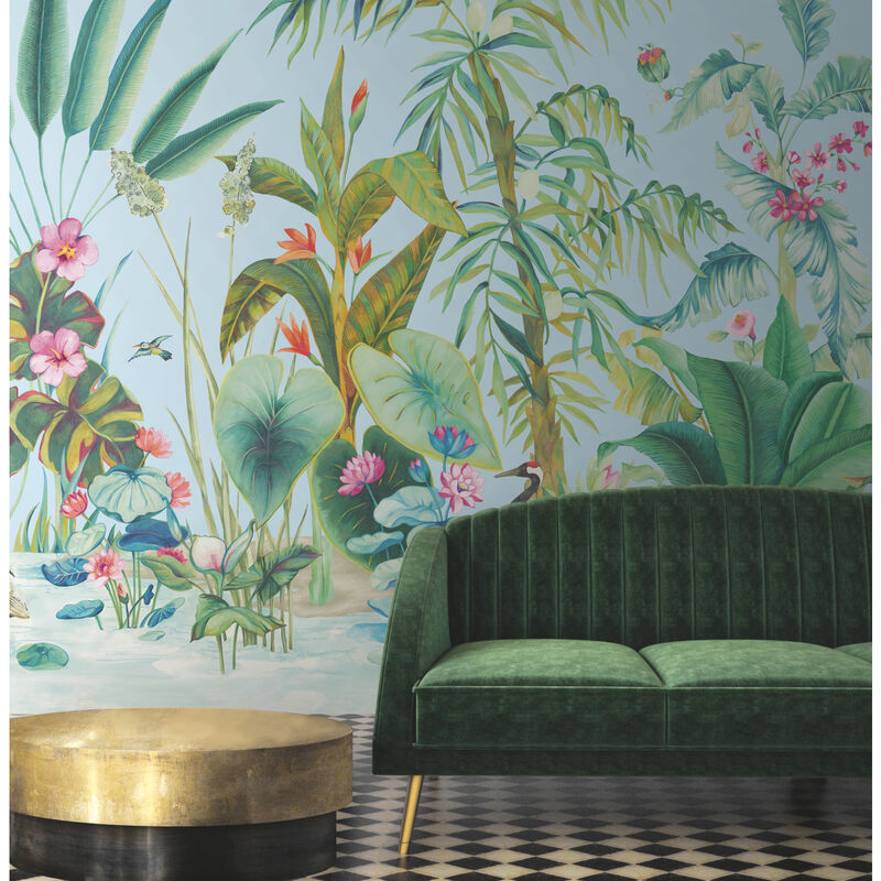 Tropical Panoramic Blue Wall Mural (Set of 2) image number 1