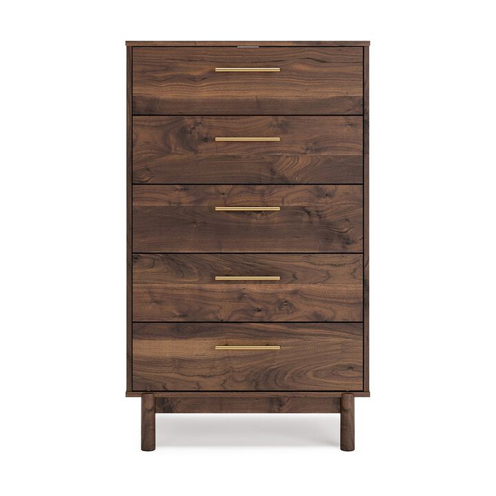 Kip 50 Inch 5 Drawer Modern Tall Dresser Chest, Dark Brown, Gold Handles-Benzara