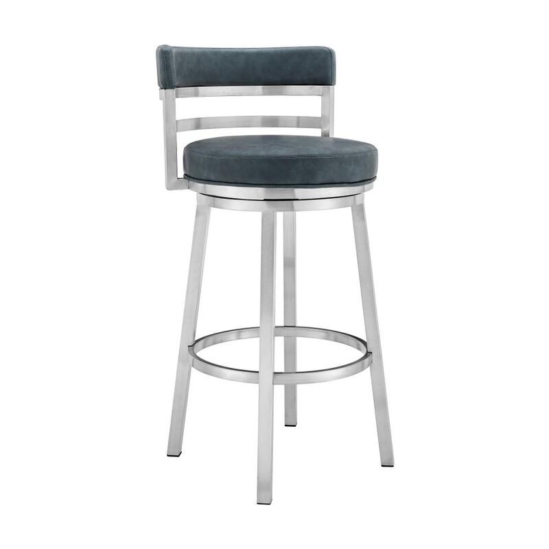 Hivvago 26 Inch Blue and Silver Faux Leather and Stainless Steel Low Back Counter Height Swivel Bar Chair