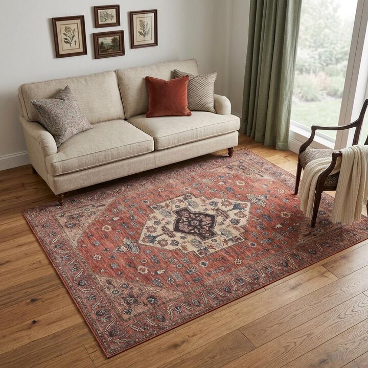 HomeRoots 5' X 7' Blue and Red Oriental Power Loom Distressed Washable Non Skid Area Rug