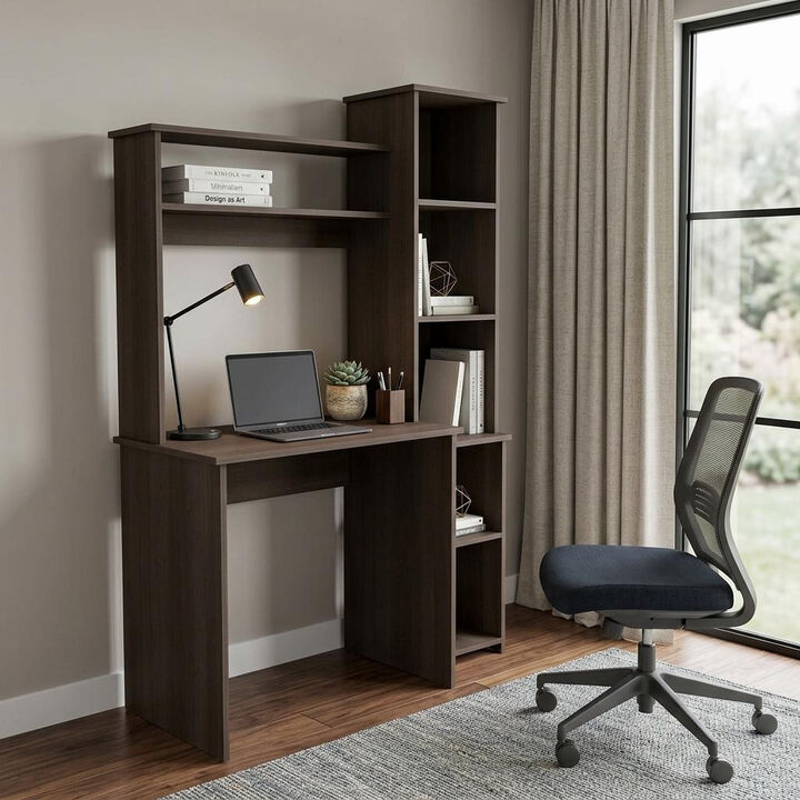 HomeRoots 39" Charcoal Wood Pedestal Computer Desk With Hutch