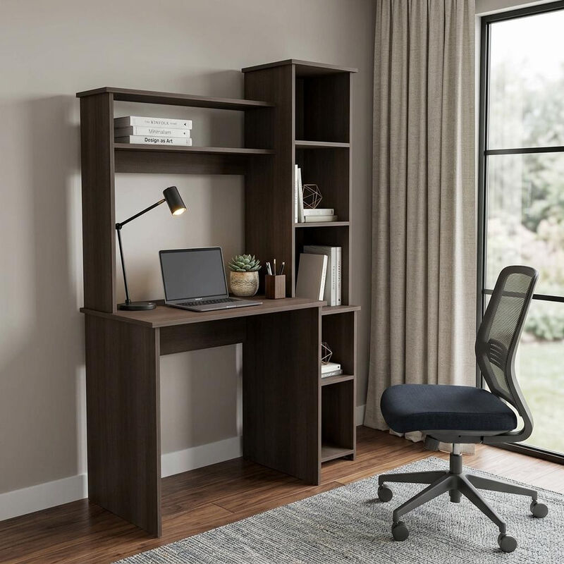 HomeRoots 39" Charcoal Wood Pedestal Computer Desk With Hutch image number 1