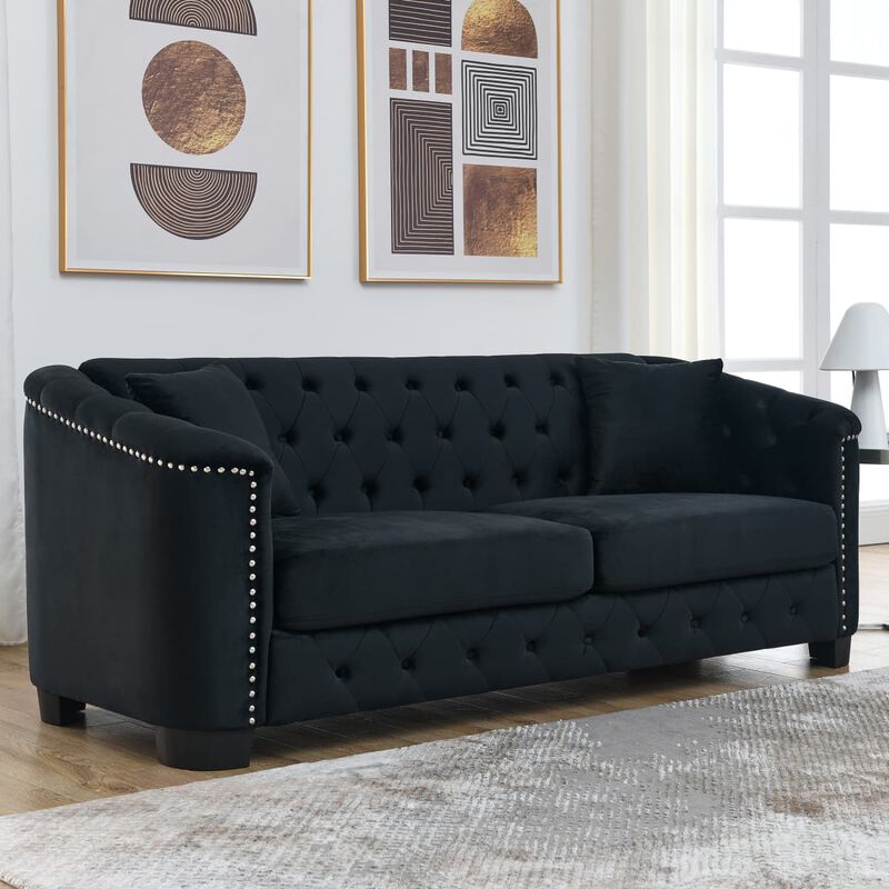 77 Inch Velvet Chesterfield Sofa, Button Tufted 3 Seater Sofa with Rolled Arms and Nailhead Trim, Upholstered Sofa with 2 Pillows image number 4
