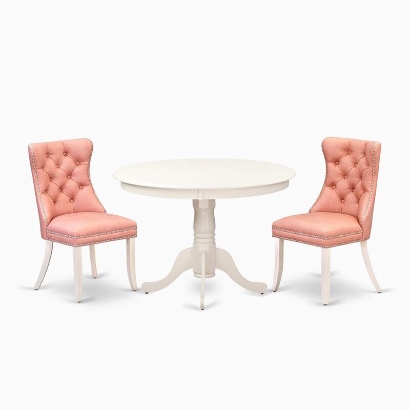 East West Furniture 3 Piece Dining Table Set Consists of a Round Dining Table with Pedestal