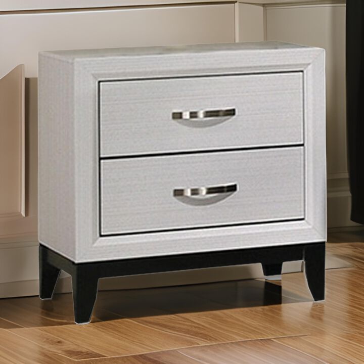 Erica Nightstand, 2 Drawers, White Wood Finished Frame, Metal Handles - Benzara