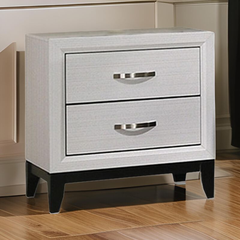 Erica Nightstand, 2 Drawers, White Wood Finished Frame, Metal Handles - Benzara