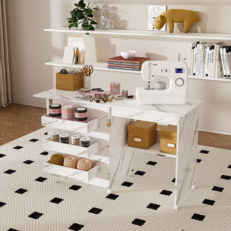 Folding Sewing Machine Table &ndash; 4-in-1 White Rolling Craft Table with Wheels image number 5