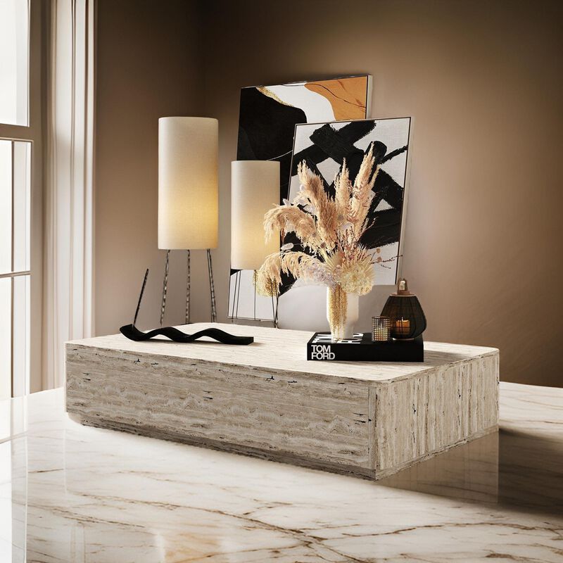 Lia 55 Inch Coffee Table, Rectangular Travertine Stone Finish Laminated Top image number 5