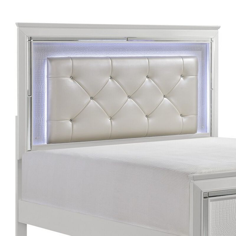 Noah California King Bed, LED Backlit Crystal Tufted Headboard, White - Benzara