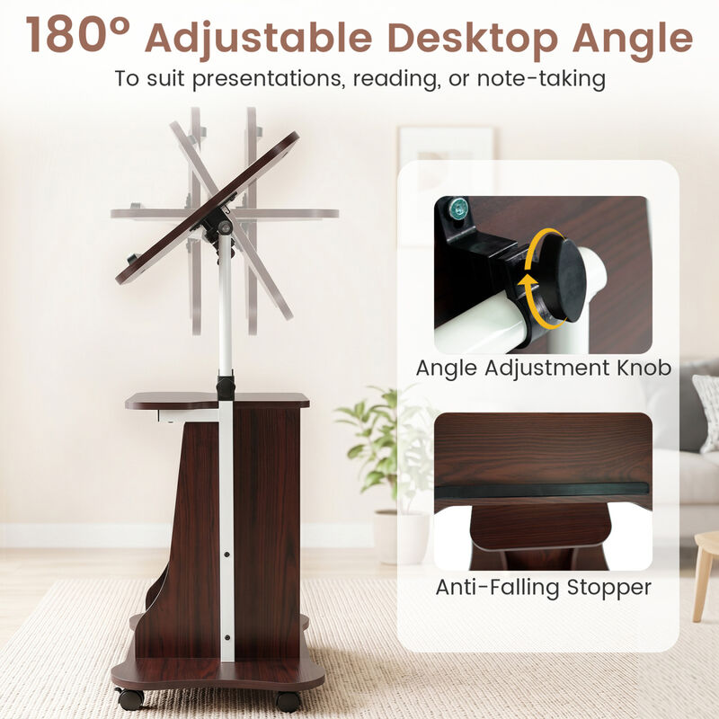 Mobile Standing Desk Cart with Adjustable Height, Tilt Desktop and Cabinet image number 4