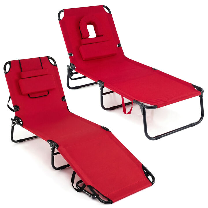 Set of 2 Folding Tanning Chairs with Face Hole and 3 Removable Pillows