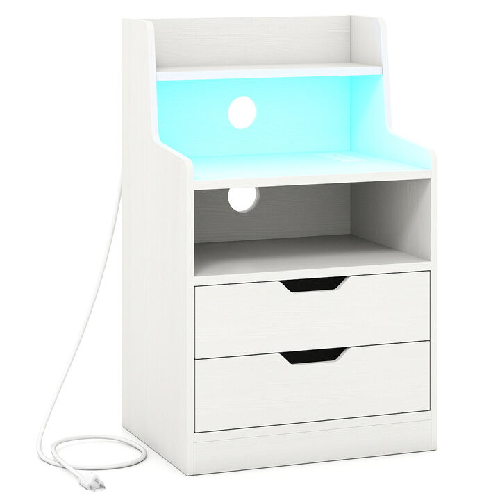 Nightstand End Table with LED Light and Charging Station for Bedroom and Living Room