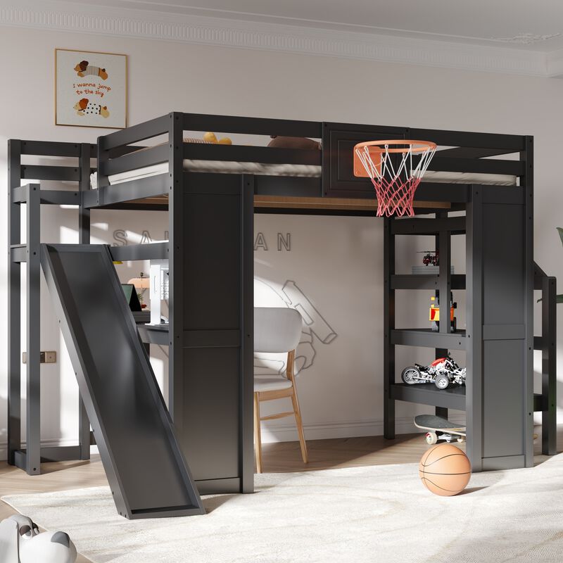 Merax Full Size White Wooden Loft Bed with Staircase Desk, Slide & Basketball image number 2