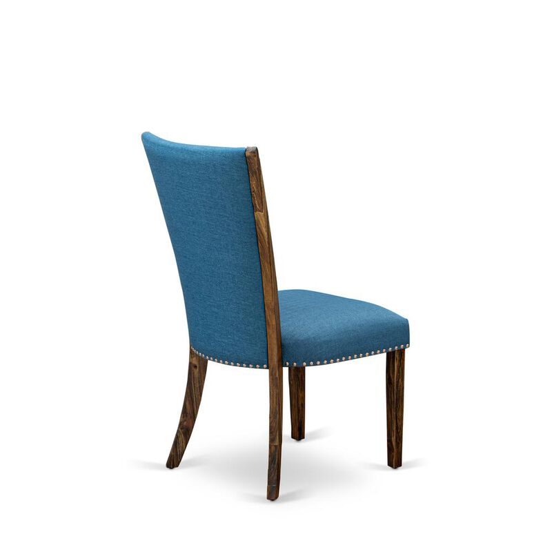 East West Furniture - Set of 2 - Upholstered Chair- Dining Chair Includes Distressed Jacobean Wood Frame with Blue Linen Fabric Seat with Nail Head and Stylish Back