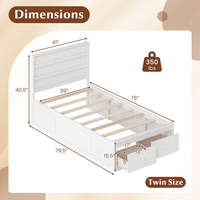 Twin Platform Bed Frame with Built-In Storage Drawers and Headboard image number 2