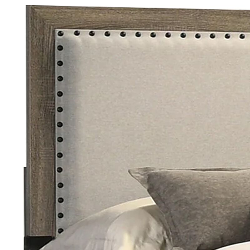 Shannon Queen Panel Bed with Nailhead Trim, Ivory Fabric, Gray Wood