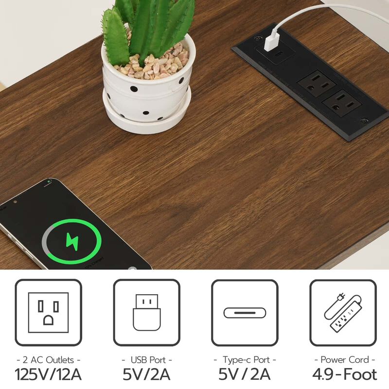 Side Table with USB Charging Station, Adjustable Shelf and Glass Door-White image number 4
