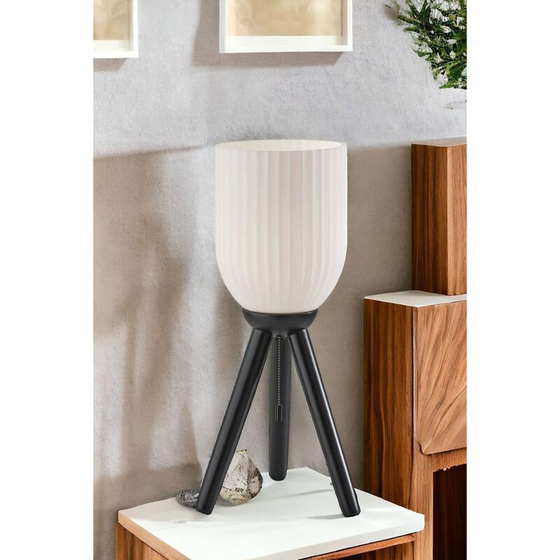 Hivvago 23" Black Solid Wood Tripod Table Lamp With White Ribbed Glass Shade