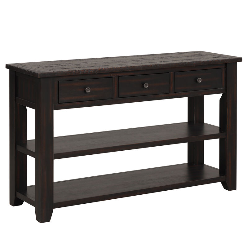 Whisen Classic Vintage Design Console Table with 3 Storage Drawers and 2 Shelves - Distressed Black