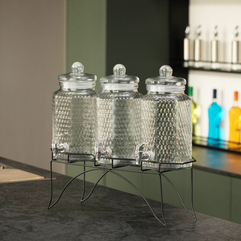 Basicwise 3-Piece Glass Drink Dispenser Set with Metal Stand and Stainless Steel Spigot - Beverage Dispensers for Lemonade, Juice, Water, Iced Tea, and Punch - Ideal for Tea Party and Other Occasions