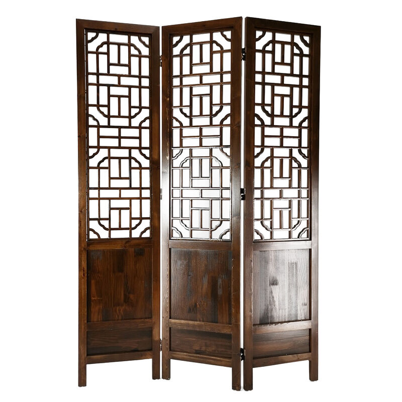 3 Mirrored Panel Screen with Trellis Cut Out Pattern, Brown-Benzara