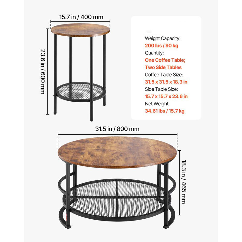 Industrial 3 Piece Coffee Table Set Round Center Table with 2 End Tables for Living Room-Brown image number 2
