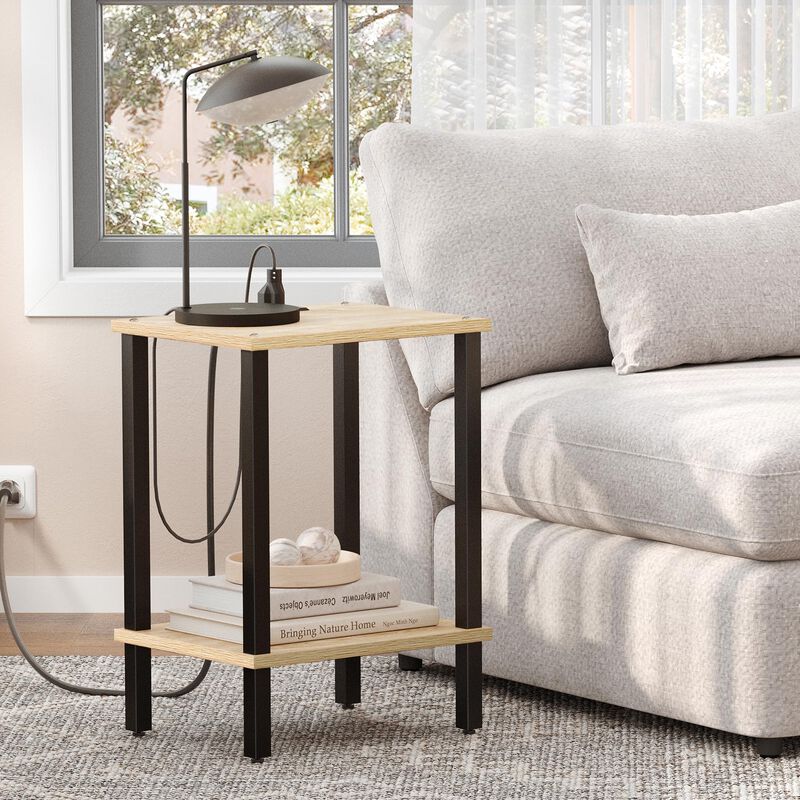 TUTOTAK End Table with Charging Station, Side Table with USB Ports and Outlets, Nightstand, 2-Tier Storage Shelf, Sofa Table for