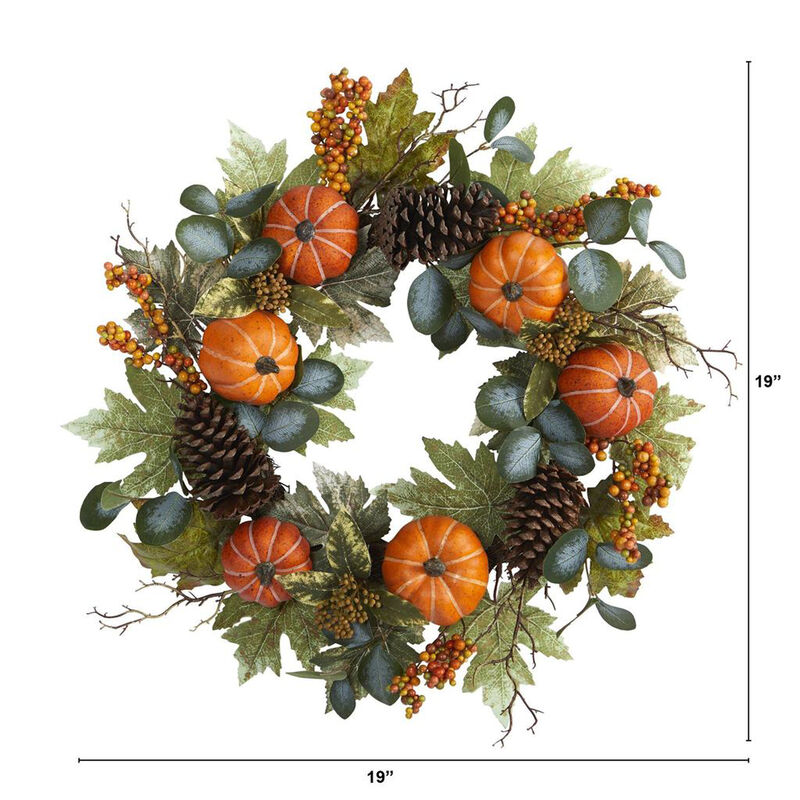 Nearly Natural 24-in Pumpkins, Pine Cones and Berries Fall Artificial Wreath